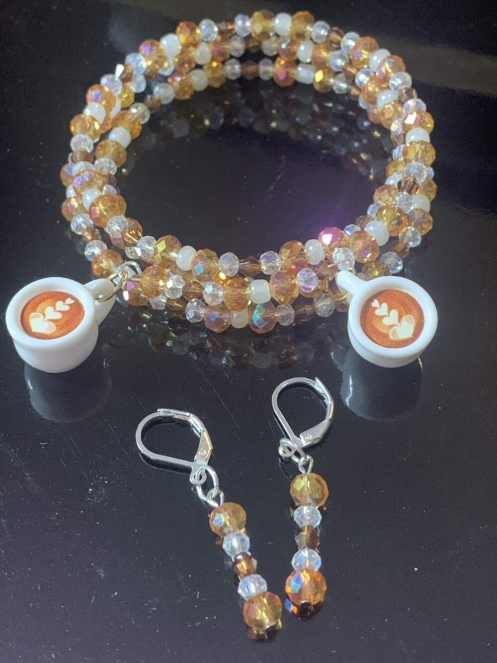 'Coffee is Love' Handmade glass coil bracelet and earring set